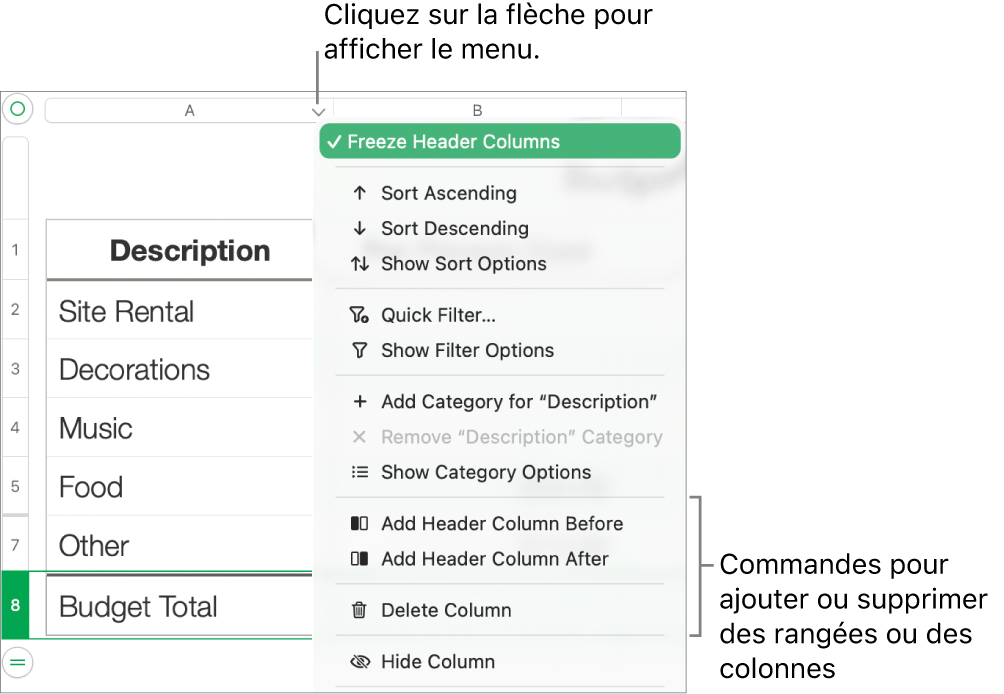 Le menu de colonne de tableau, avec des commandes permettant d’ajouter ou de supprimer des rangées et des colonnes