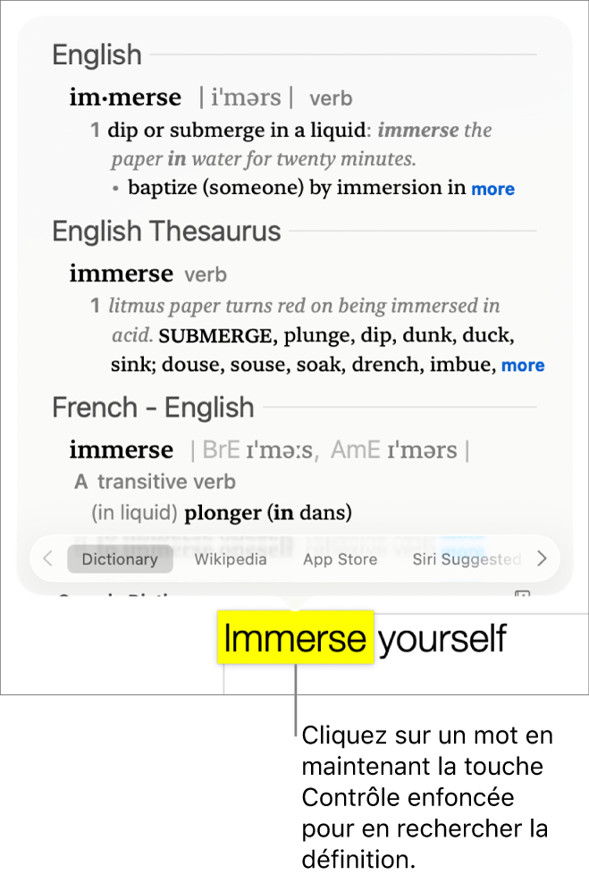 Un texte avec un mot surligné et une fenêtre contenant sa définition et des synonymes. Trois boutons en bas de la fenêtre fournissent des liens vers le dictionnaire, Wikipédia et les sites Web suggérés par Siri.