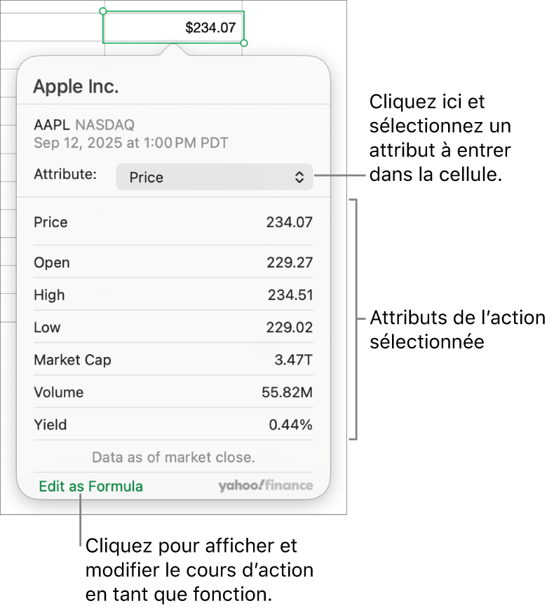 Zone de dialogue dans laquelle saisir des informations sur l’attribut de l’action, Apple étant l’action sélectionnée.
