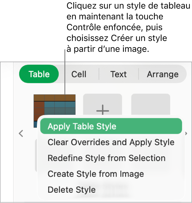 Le menu contextuel Style de tableau.