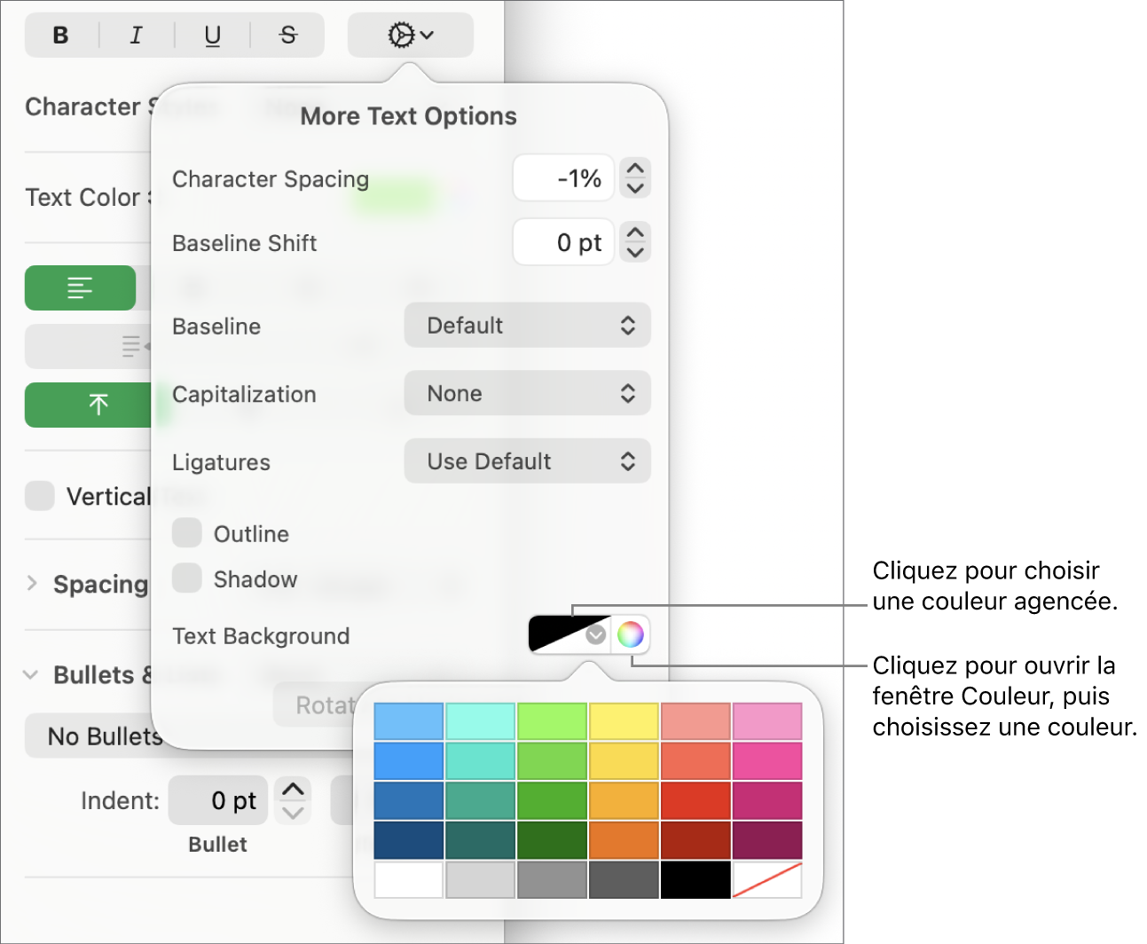 Commandes de sélection de remplissage de caractères.