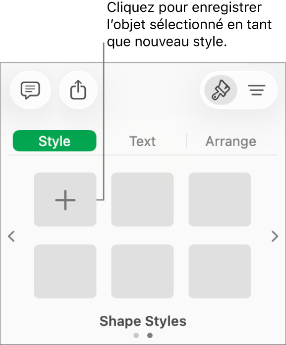 Onglet Style de la barre latérale Format avec quatre styles d’image, un bouton Créer un style et un paramètre fictif de style vide.