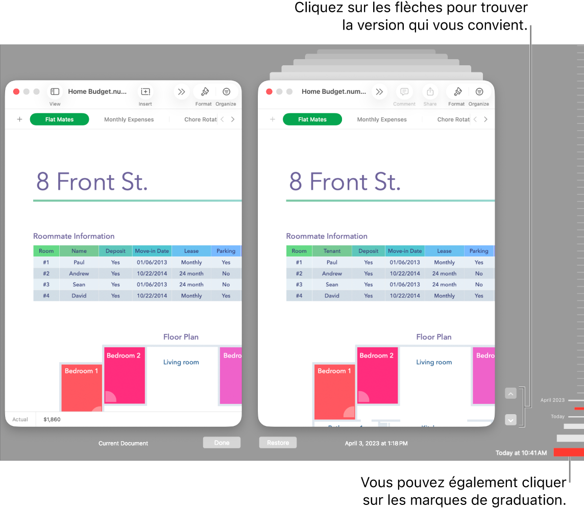 La fenêtre Rétablir, avec les versions que vous pouvez parcourir.