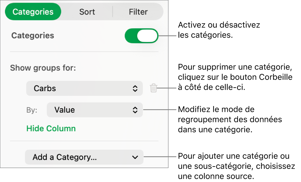 La barre latérale des catégories avec des options pour désactiver des catégories, supprimer des catégories, regrouper des données, masquer une colonne source et ajouter des catégories.