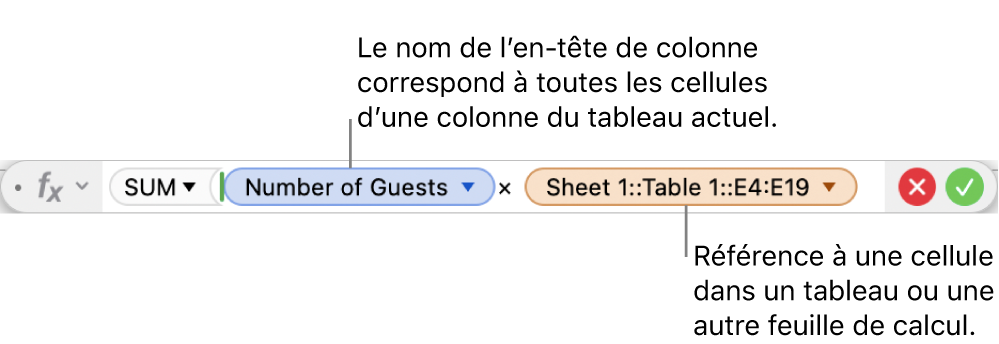L’éditeur de formules présentant une formule faisant référence à une colonne d’un tableau et à une cellule d’un autre tableau.