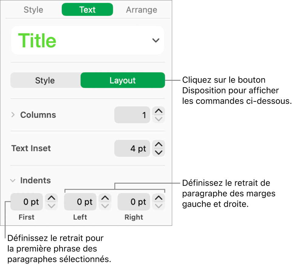 La section Disposition de la barre latérale Format, présentant les commandes définissant le retrait de première ligne et les marges de paragraphe.