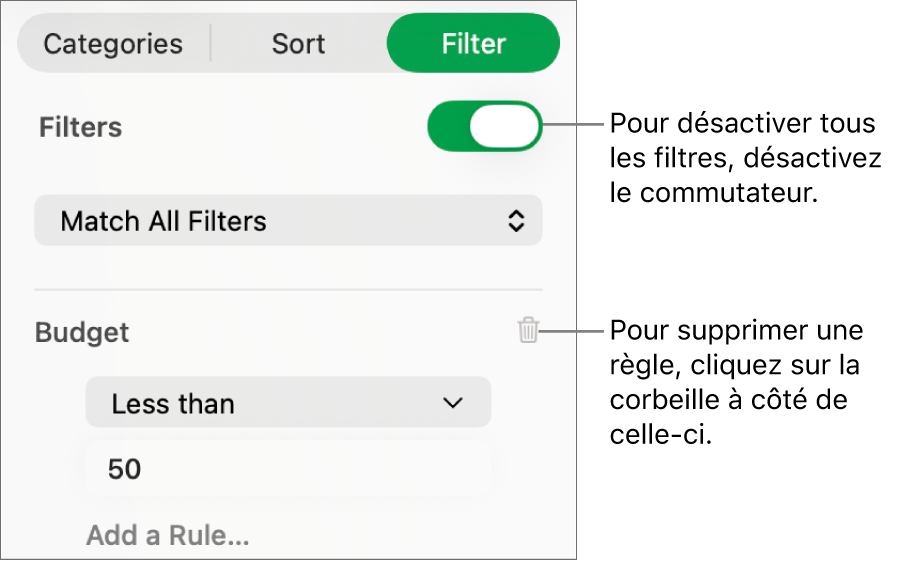 Commandes de suppression d’un filtre ou de désactivation de tous les filtres.