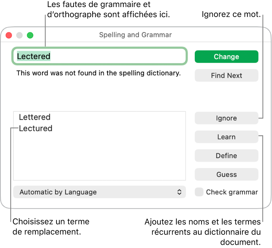 La fenêtre Orthographe et grammaire.