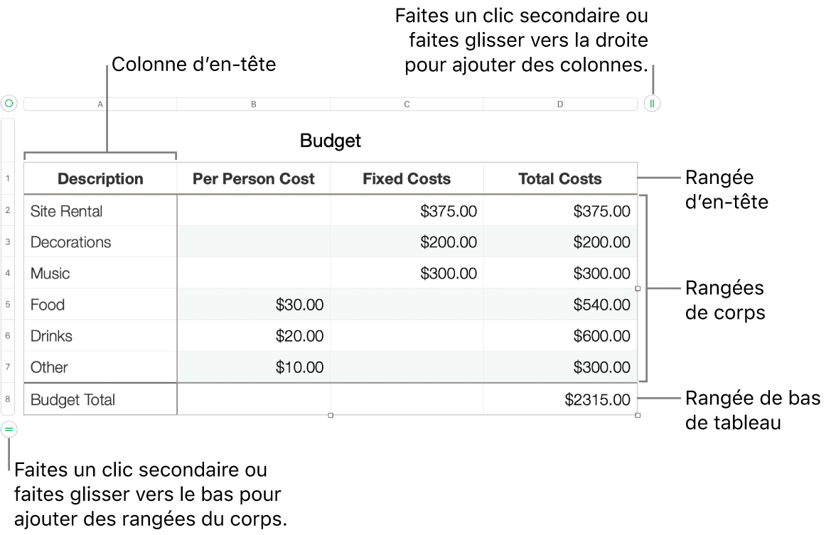 Tableau affichant des rangées et des colonnes d’en-tête, de corps et de bas de tableau, et poignées pour ajouter ou supprimer des rangées ou des colonnes.