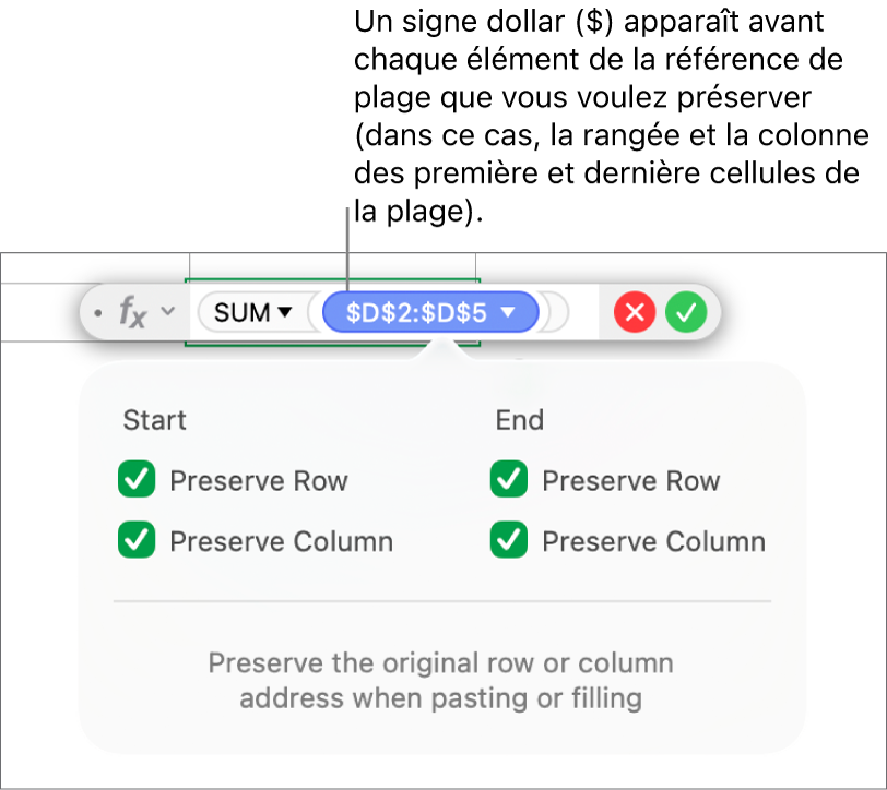 Formule avec les références à la rangée et à la colonne conservées.