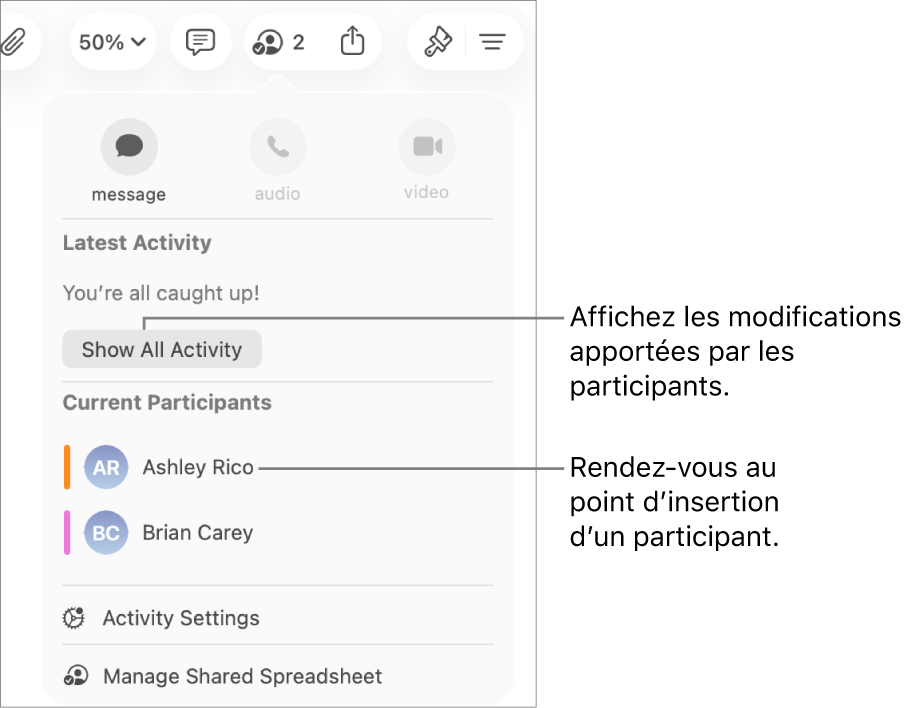 Le menu de collaboration avec deux participants actuels dans la liste.