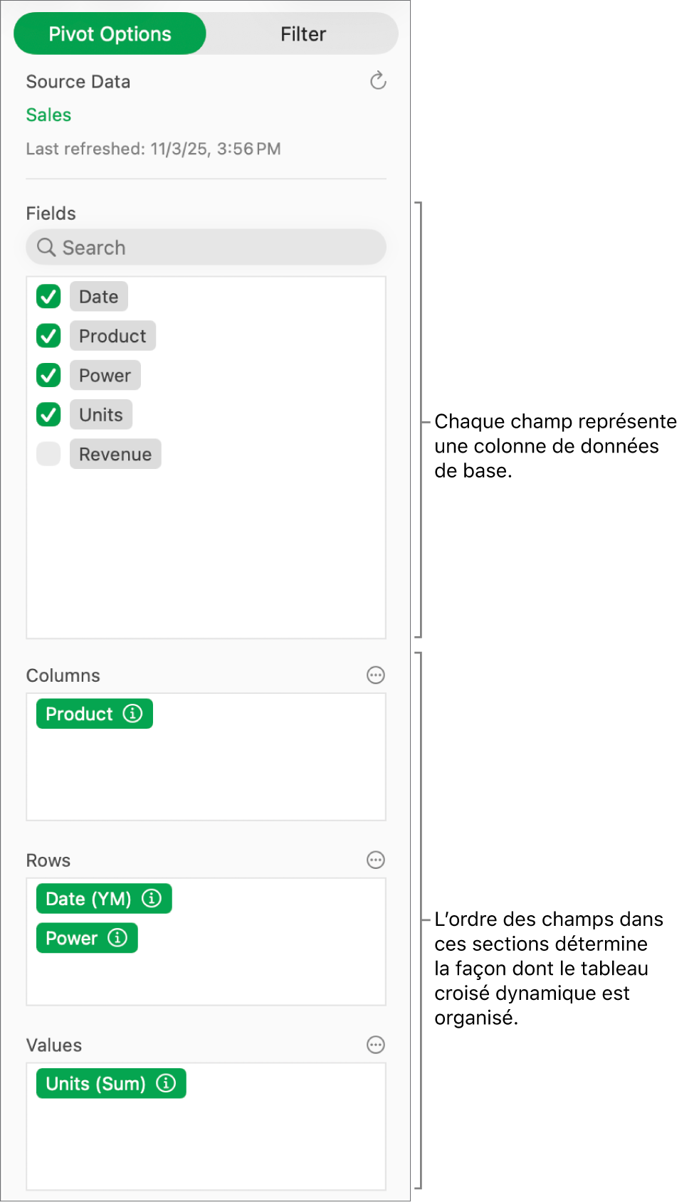 Menu Options de croisement dynamique avec des champs dans les sections Colonnes, Rangées et Valeurs, ainsi que des commandes pour modifier les champs et actualiser le tableau croisé dynamique.