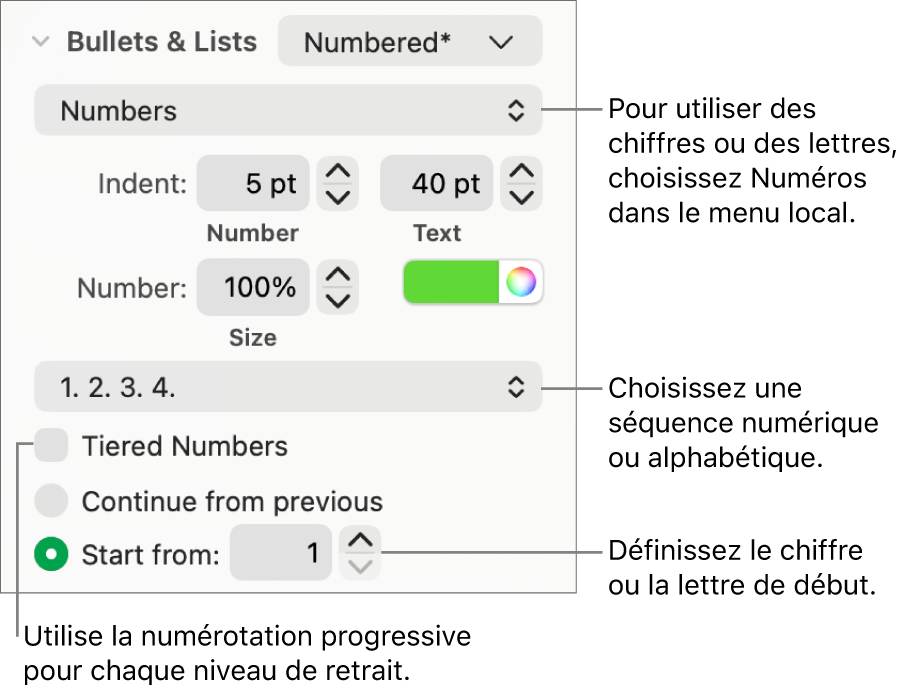 Commandes de modification du style de numérotation et de l’espacement d’une liste.