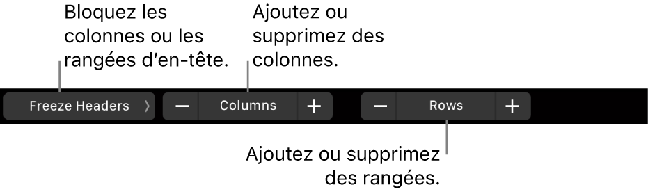La Touch Bar d’un MacBook Pro affichant des commandes pour bloquer les rangées ou les colonnes d’en-tête et ajouter ou supprimer des rangées ou des colonnes.