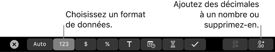 La Touch Bar d’un MacBook Pro affichant des commandes pour choisir un format de données et ajouter ou supprimer des décimales.