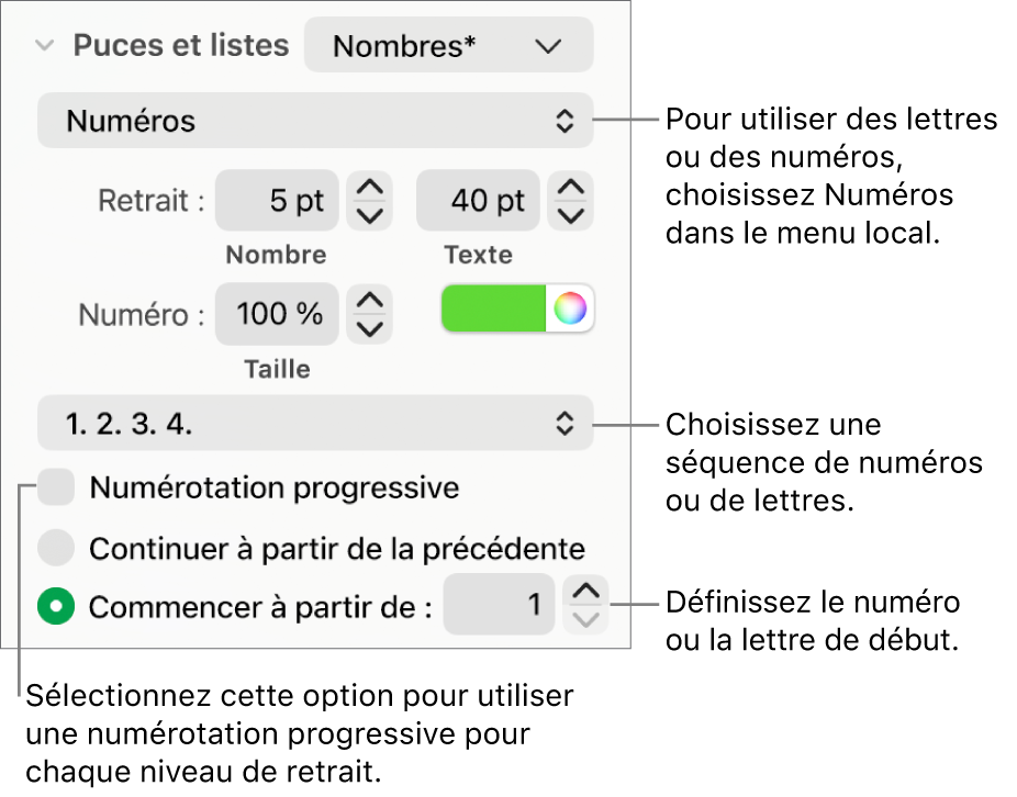 Commandes de modification du style de numérotation et de l’espacement d’une liste.