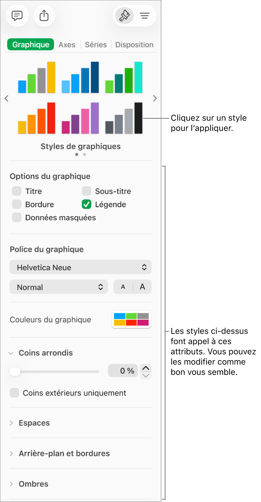 Barre latérale de formatage avec les commandes permettant de mettre en forme les graphiques.