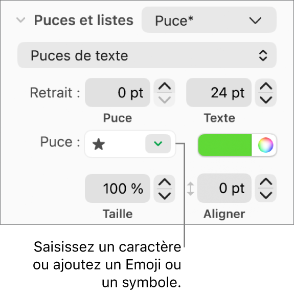 La section « Puces et listes » de la barre latérale Format. Le champ Puce affiche un Emoji en forme d’étoile.