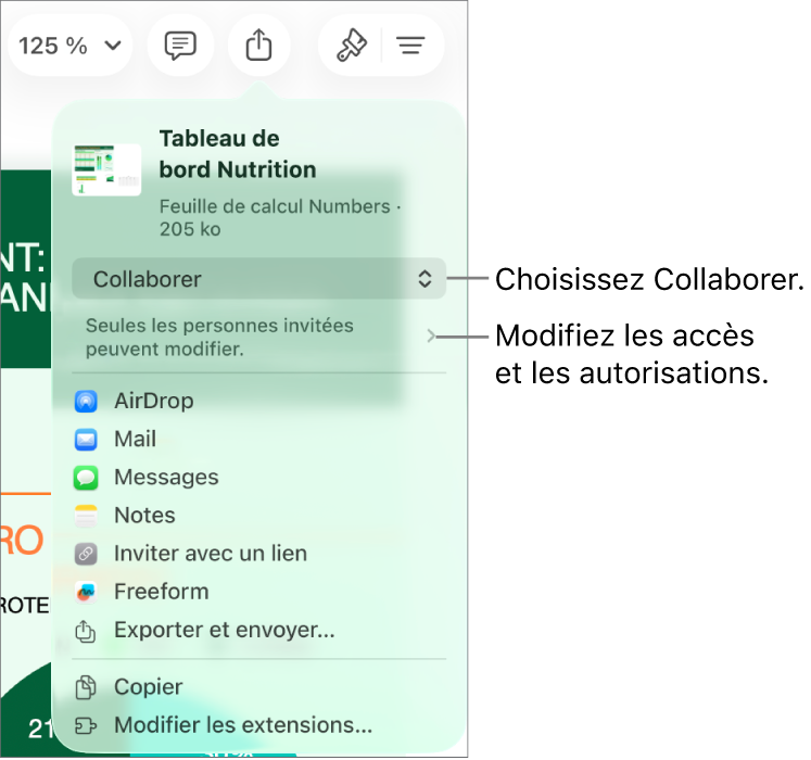 Le menu Partager avec l’option Collaborer sélectionnée en haut, et des réglages d’accès et d’autorisation en dessous.
