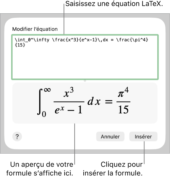 Formule quadratique composée à l’aide du langage LaTeX dans le champ Équation et aperçu de la formule en bas.