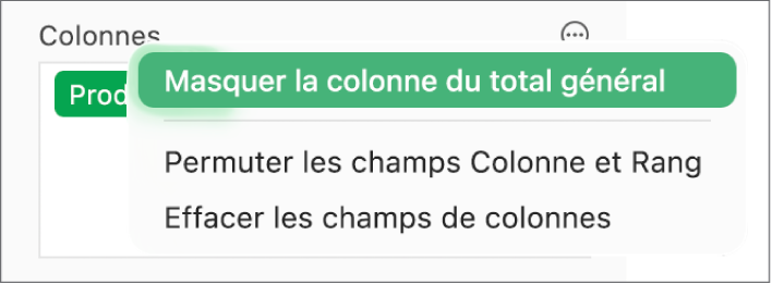 Le menu « Options du champ » affichant les commandes permettant de masquer les totaux généraux, de permuter les champs Colonne et Rang, et d’effacer des champs.