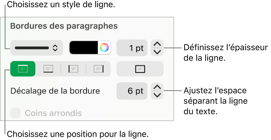 Commandes permettant de modifier le style, l’épaisseur, la position et la couleur de la ligne.