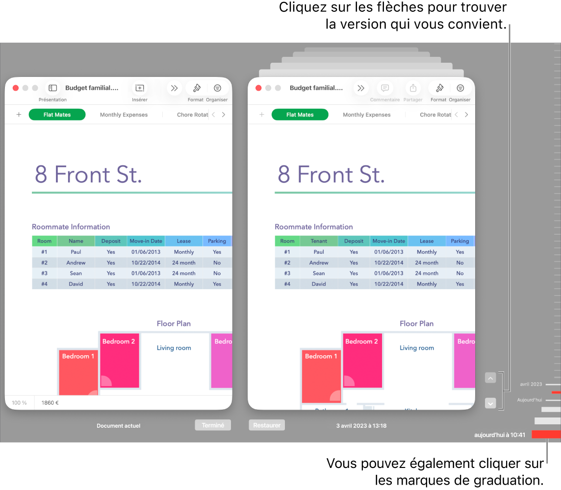 La fenêtre Rétablir, avec les versions que vous pouvez parcourir.