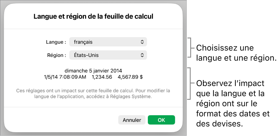 La sous-fenêtre « Langue et région » présentant des commandes de langue et de région, ainsi qu’un exemple de mise en forme comprenant date, heure, affichage des décimales et devise.