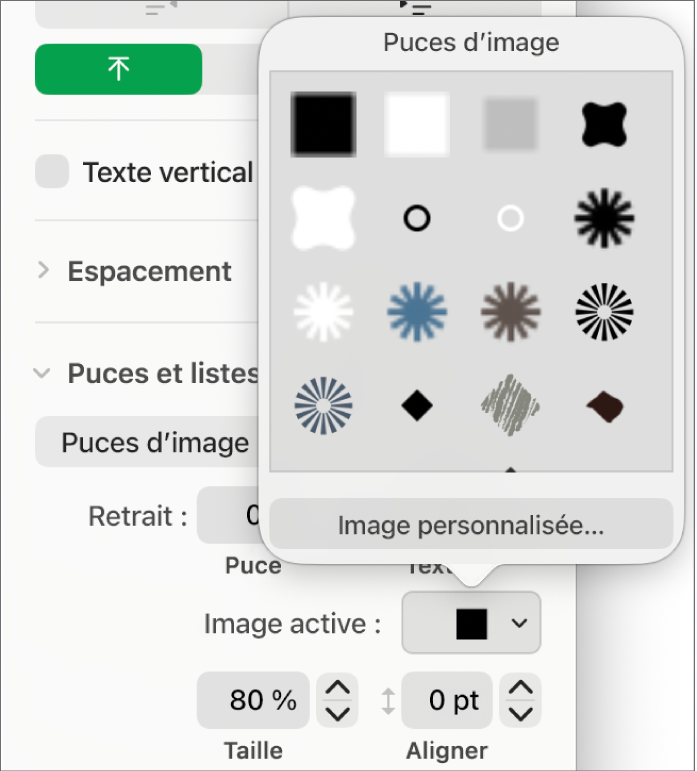 Le menu local Puces d’image.