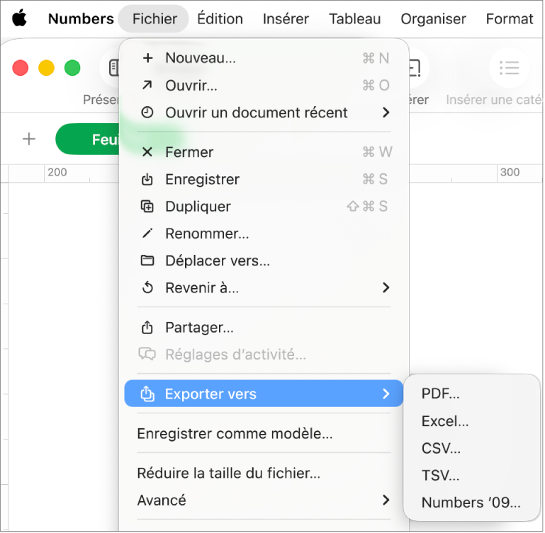 Le menu Fichier ouvert avec l’option « Exporter vers » sélectionnée, le sous-menu correspondant affichant les options d’exportation aux formats PDF, Excel et CSV.