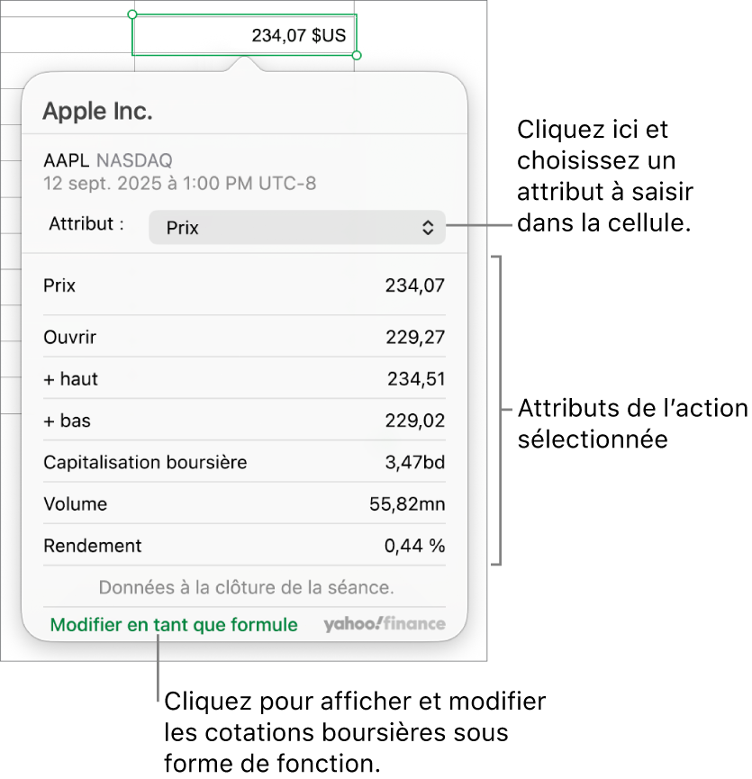 Zone de dialogue dans laquelle saisir des informations sur l’attribut de l’action, Apple étant l’action sélectionnée.
