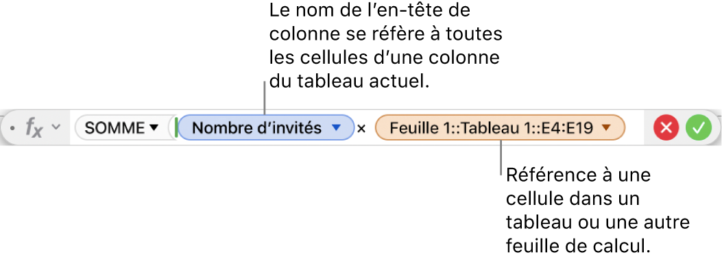 L’éditeur de formules présentant une formule faisant référence à une colonne d’un tableau et à une cellule d’un autre tableau.