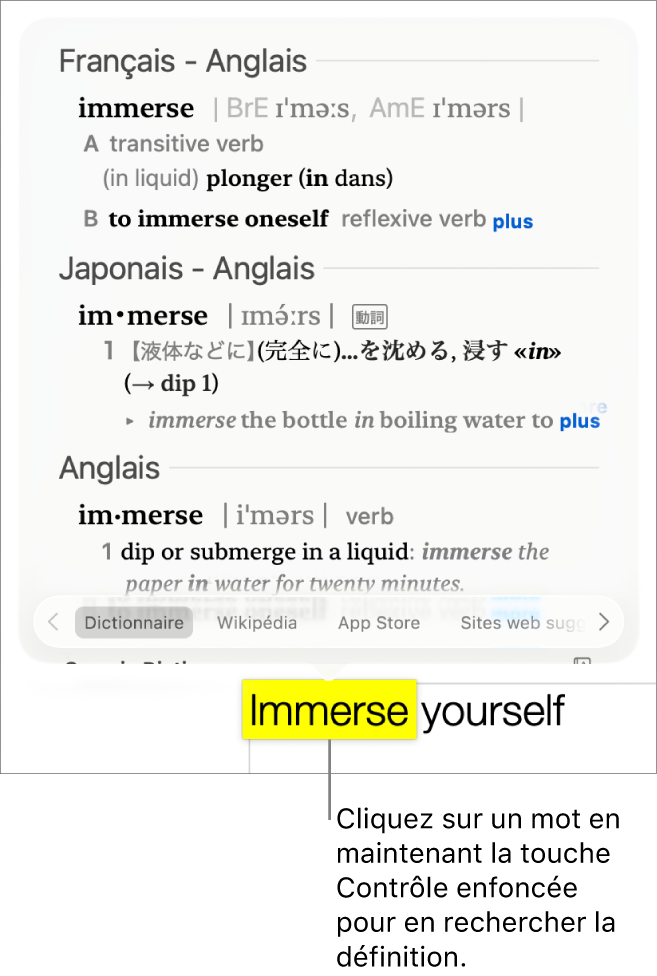 Un texte avec un mot surligné et une fenêtre contenant sa définition et des synonymes. Trois boutons en bas de la fenêtre fournissent des liens vers le dictionnaire, Wikipédia et des sites web suggérés par Siri.