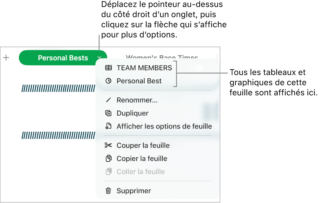 Un onglet d’une feuille de calcul avec le menu contextuel ouvert affichant des options, notamment Dupliquer.