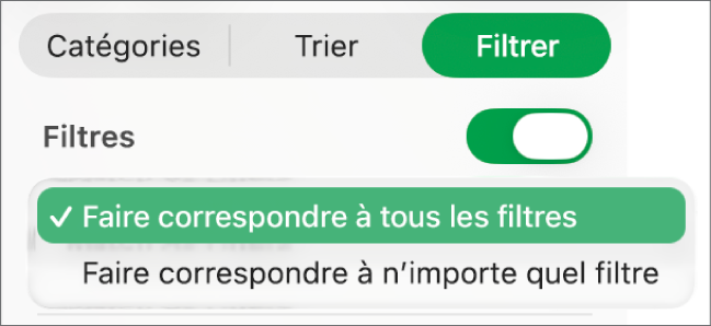 Menu local permettant d’appliquer aux rangs tous les filtres ou seulement certains d’entre eux.