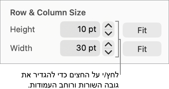 כלי הבקרה לקביעת גודל מדויק עבור שורות ועמודות.