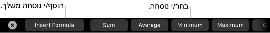 ב-MacBook Pro, ה-Touch Bar מציג כלי בקרה להוספת נוסחה משלך ולבחירת נוסחאות נפוצות.