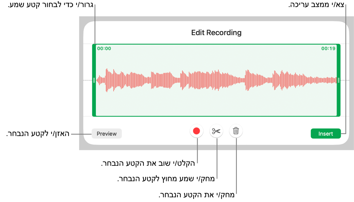 כלי הבקרה לעריכת שמע שהוקלט. ידיות האחיזה מציינות את המקטע שנבחר מתוך ההקלטה, והכפתורים ״תצוגה מקדימה״, ״הקלט״, ״חתוך״, ״מחק״ ו״מצב עריכה״ נמצאים מתחת.