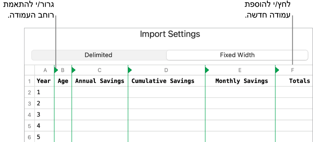 הגדרות הייבוא עבור קובץ מלל ברוחב קבוע.
