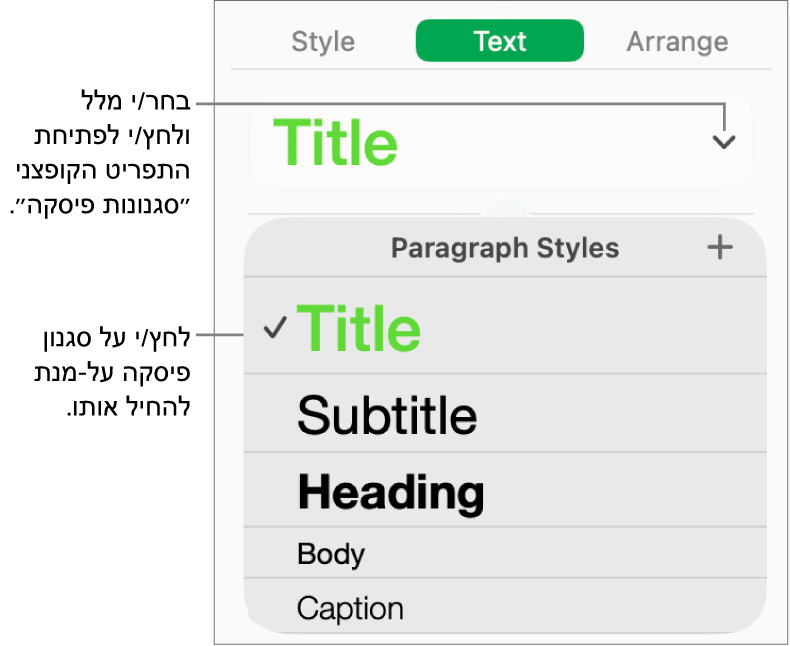 התפריט ״סגנונות פיסקה״.