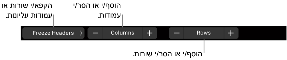 ב-MacBook Pro, ה-Touch Bar מציג כלי בקרה להקפאת שורות כותרת עליונה או עמודות כותרת עליונה, להוספה או הסרה של עמודות ולהוספה או הסרה של שורות.