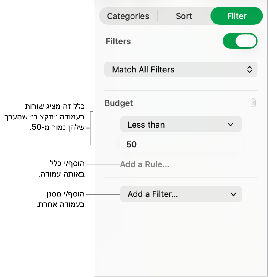 כלי בקרה ליצירת כללי סינון.