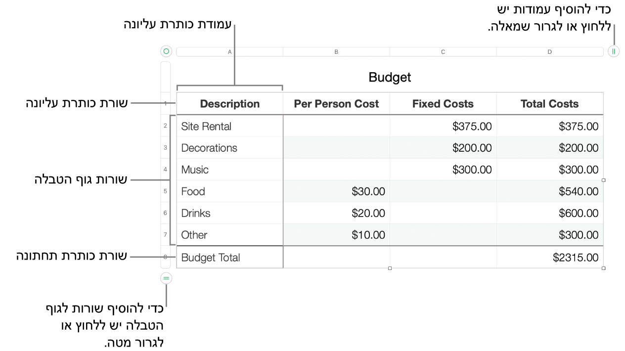 טבלה עם שורות ועמודות כותרת עליונה, גוף טבלה וכותרת תחתונה ועם ידיות אחיזה להוספה או מחיקה של שורות או עמודות.