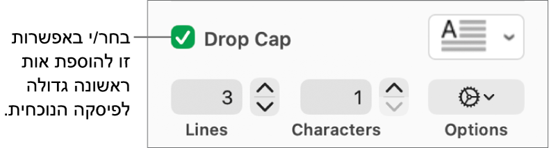 תיבת הסימון ״אות פתיח״ נבחרת, ותפריט קופצני מופיע משמאל; מתחת לתפריט, מופיעים כלי בקרה להגדרת גובה השורה, מספר התווים ואפשרויות נוספות.