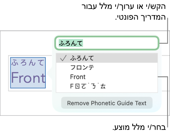 המדריך הפונטי פתוח עבור מילה, עם הסברים לגבי שדה המלל והמלל המוצע.