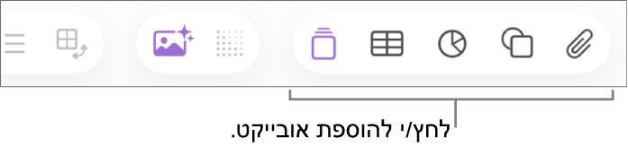 סרגל הכלים של Numbers עם הכפתורים ״הוסף״, ״טבלה״, ״תרשים״, ״מלל״, ״צורה״ ו״מדיה״.