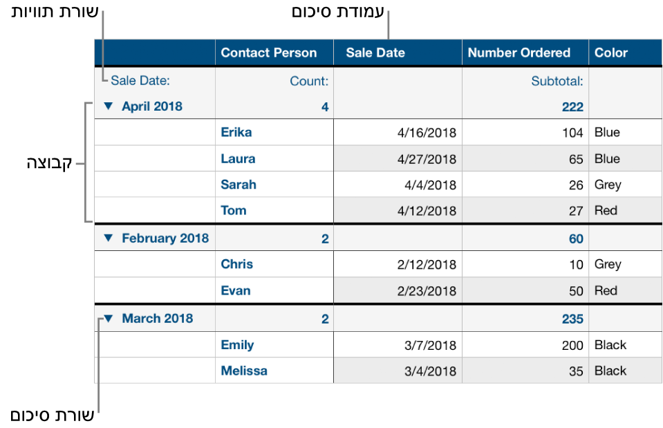 טבלה המסודרת בקטגוריות