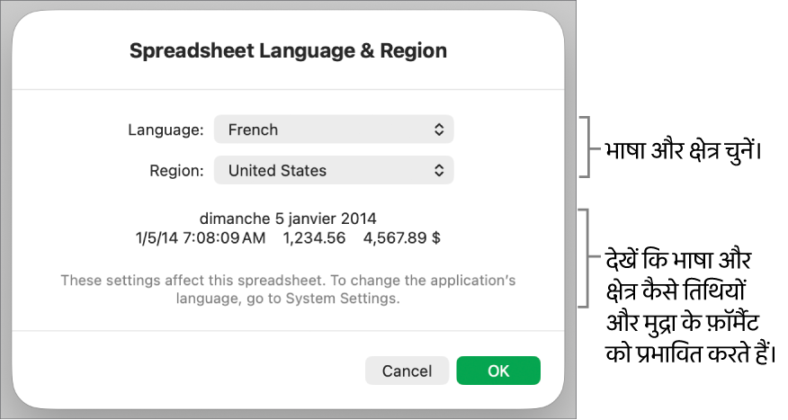 भाषा और क्षेत्र पेन जिसमें भाषा और क्षेत्र के लिए नियंत्रण हैं और एक फ़ॉर्मैट उदाहरण है जिसमें तिथि, समय, दशमलव और मुद्रा शामिल हैं।