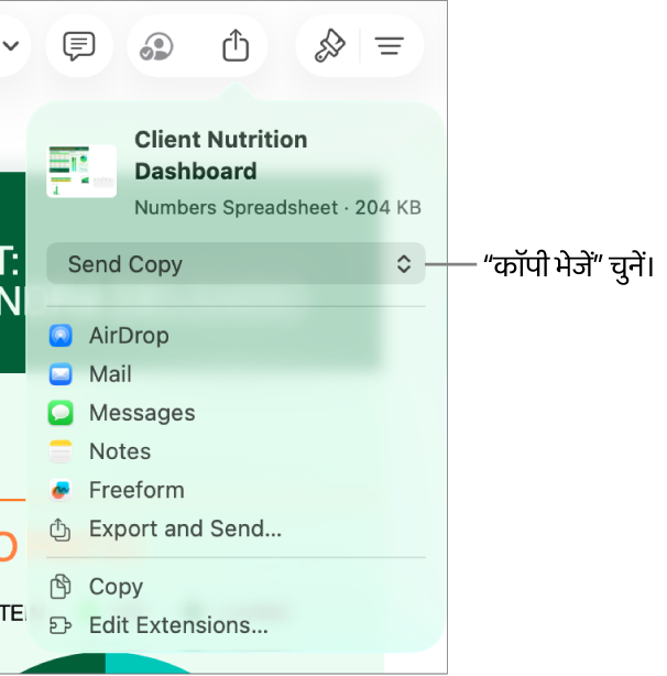 “शेयर करें” मेनू जिसके शीर्ष पर “कॉपी भेजें” चुना गया है।