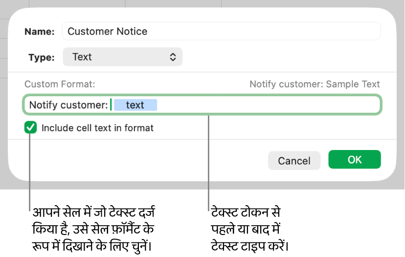 कस्टम टेक्स्ट सेल फ़ॉर्मैट।